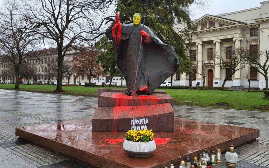 Man charged with offending religious feelings and insulting monument for pope statue vandalism