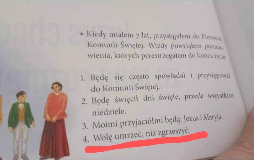 Catholic church defends Polish third-grade schoolbook stating “I prefer to die than sin”