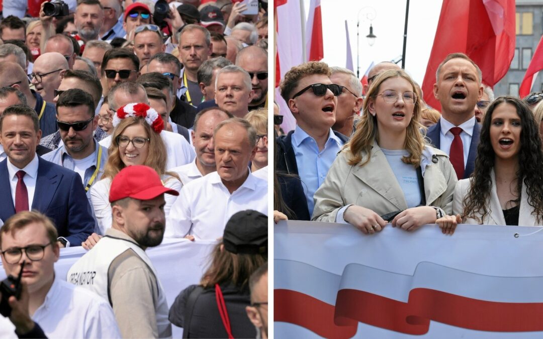 Tens of thousands gather for rival presidential marches in Warsaw one week ahead of vote