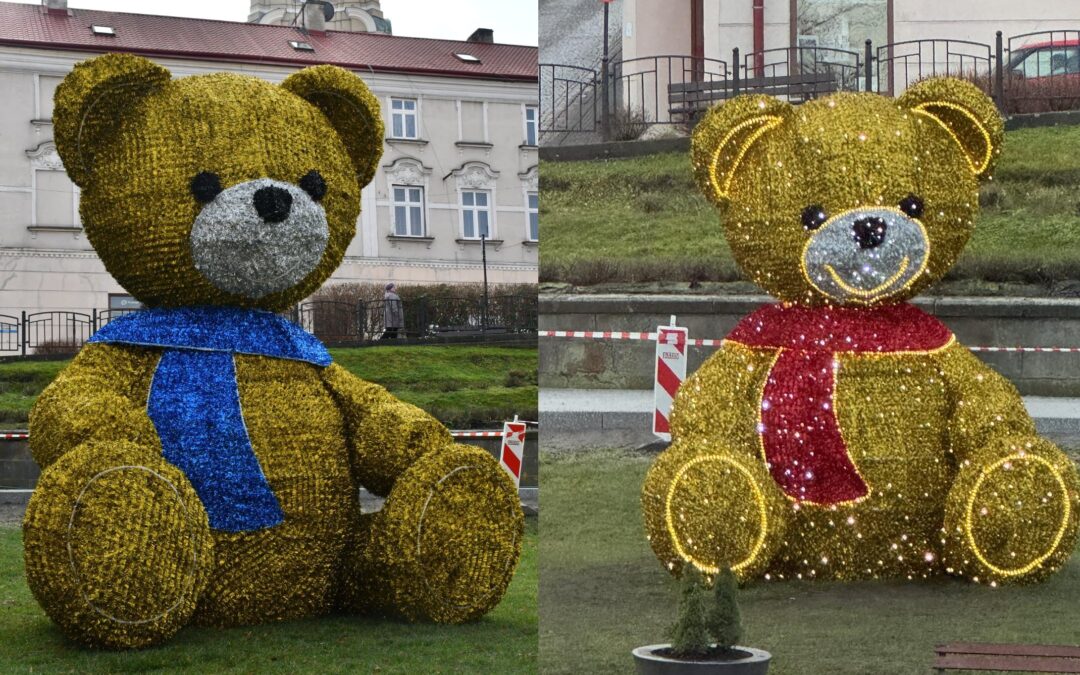 Polish city changes colour of Christmas bear’s scarf after complaints it looked too Ukrainian