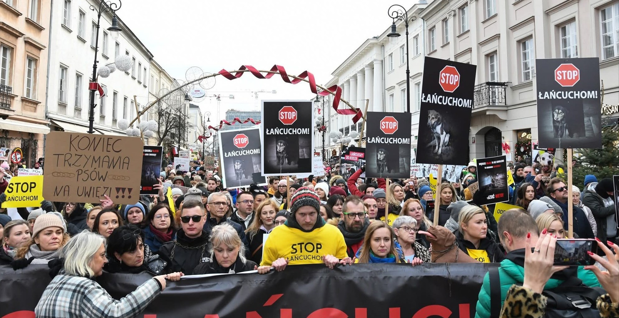 Thousands march in protest against Polish president’s veto of dog-chaining ban